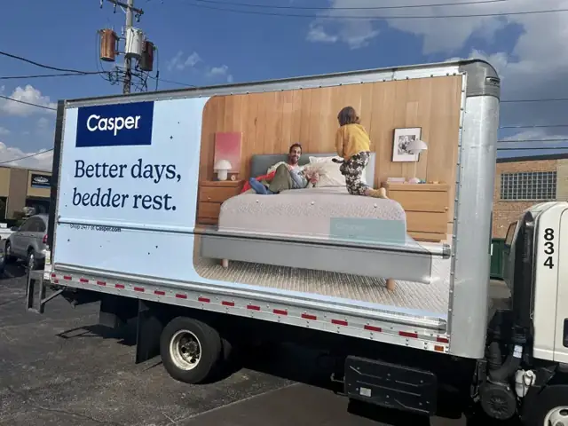 Box truck wrap for Casper: lifestyle photo wrap for a mobile campaign. Installed by Sheridan Print in the Chicago area.
