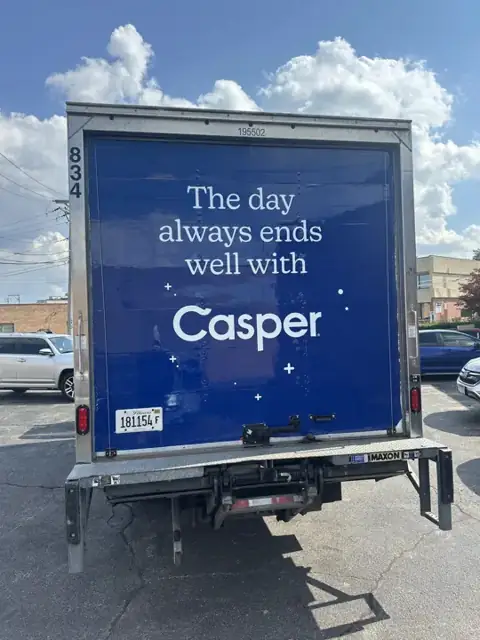 Box truck wrap for Casper: rear roll-door panel, casper campaign. Installed by Sheridan Print in the Chicago area.