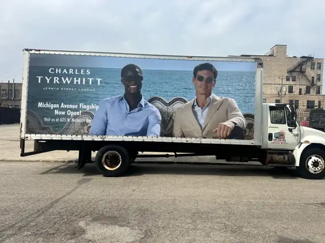 Box truck wrap for Charles Tyrwhitt: store-opening campaign truck, side. Installed by Sheridan Print in the Chicago area.