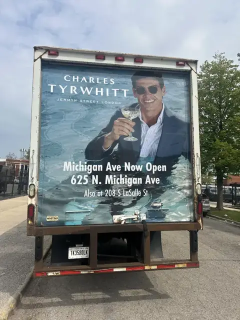 Box truck wrap for Charles Tyrwhitt: rear of the charles tyrwhitt campaign truck. Installed by Sheridan Print in the Chicago area.