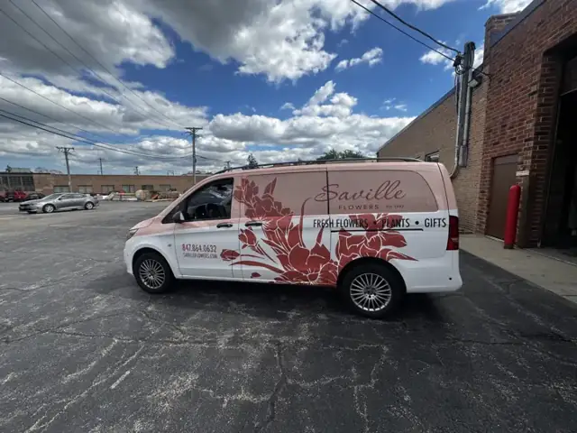 Van wrap for Saville Flowers: floral van wrap for a local florist. Installed by Sheridan Print in the Chicago area.