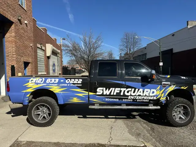 Truck wrap for SwiftGuard: pickup wrap with high-energy graphics. Installed by Sheridan Print in the Chicago area.