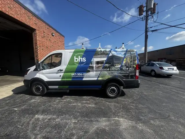 Van wrap for BHS Outdoor Living: partial van wrap for a landscaping and outdoor-living contractor. Installed by Sheridan Print in the Chicago area.