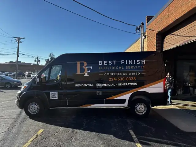 Van wrap for Best Finish Electrical: black van with partial wrap for an electrical contractor. Installed by Sheridan Print in the Chicago area.