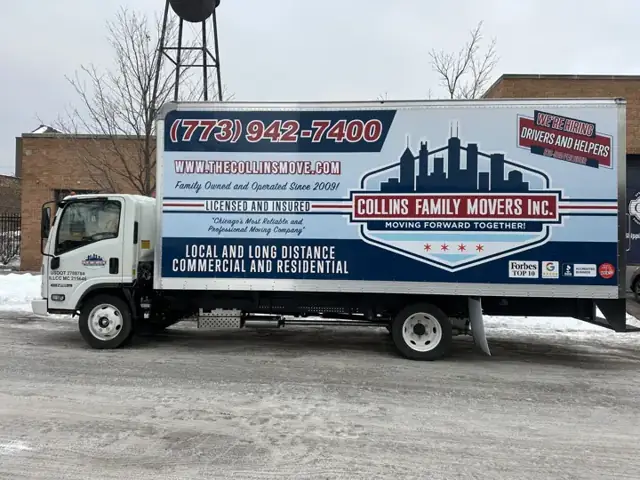 Box truck wrap for Collins Family Movers: box truck graphics for a family moving company. Installed by Sheridan Print in the Chicago area.