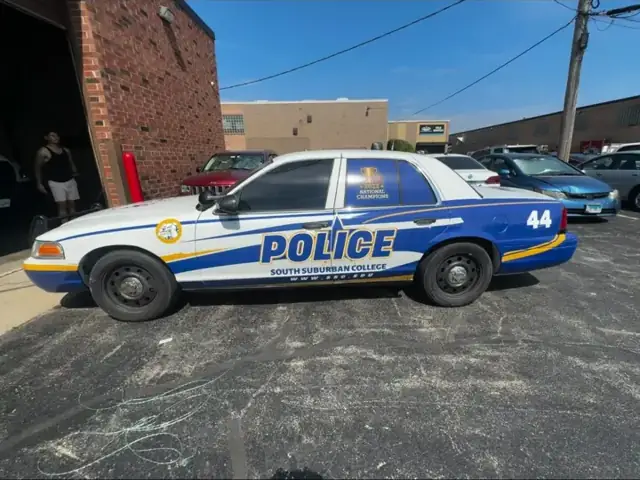 Vehicle graphics for South Suburban College: campus police car graphics. Installed by Sheridan Print in the Chicago area.