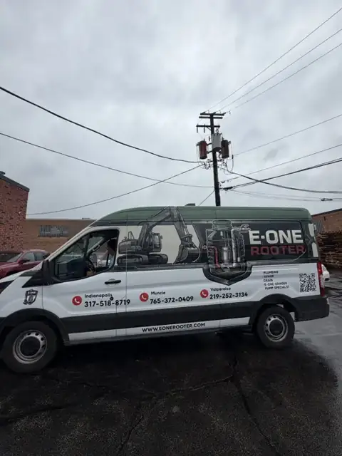 Van wrap for E-One Rooter: plumbing van graphics. Installed by Sheridan Print in the Chicago area.