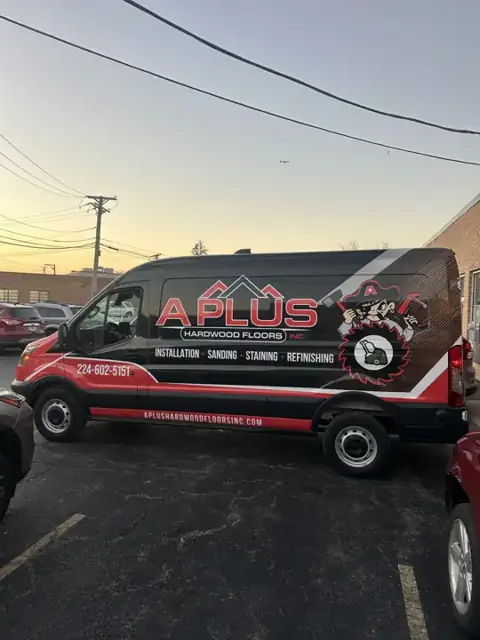 Van wrap for A Plus Hardwood Floors: full van wrap for a flooring contractor. Installed by Sheridan Print in the Chicago area.