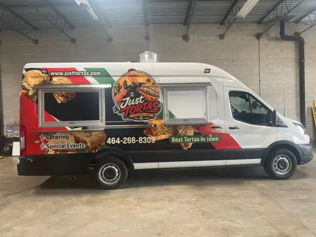Food truck wrap for Just Tortas: full food truck wrap with menu photography. Installed by Sheridan Print in the Chicago area.