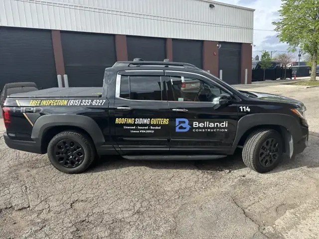 Truck graphics for Bellandi Construction: pickup lettering for a construction company. Installed by Sheridan Print in the Chicago area.