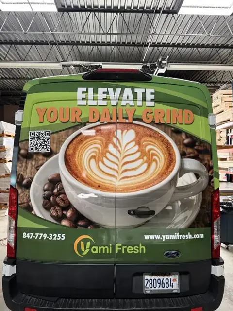 Van wrap for Yami Fresh: rear van wrap with product photography. Installed by Sheridan Print in the Chicago area.