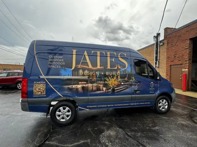 Van wrap for Jates Design Build: full sprinter wrap for a design-build firm. Installed by Sheridan Print in the Chicago area.