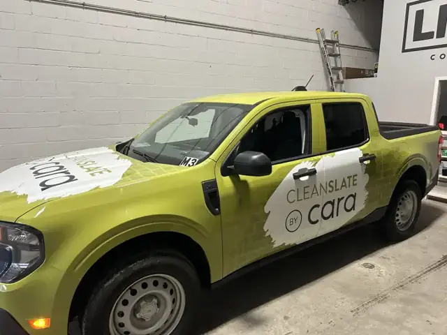 Truck wrap for Clean Slate by Cara: lime green pickup wrap. Installed by Sheridan Print in the Chicago area.