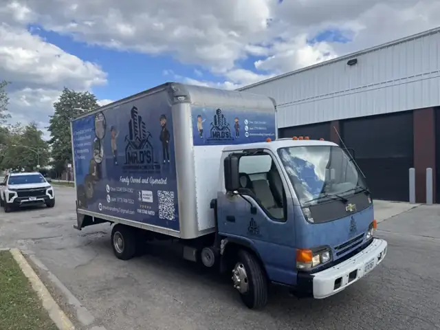 Box truck wrap for Mr. D's Waterproofing: full box wrap with the brand characters, service list, and qr code. Installed by Sheridan Print in the Chicago area.