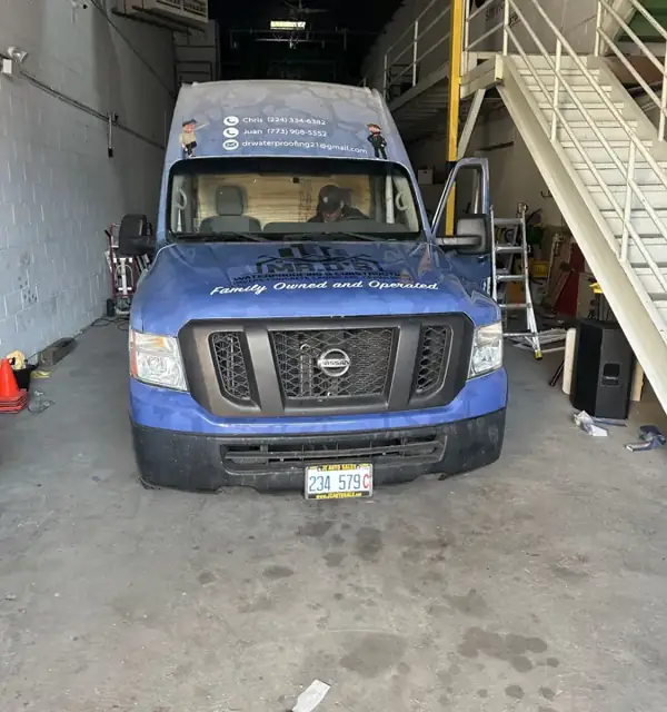 Van wrap for Mr. D's Waterproofing: high-roof nissan nv wrapped to match the box truck. Installed by Sheridan Print in the Chicago area.
