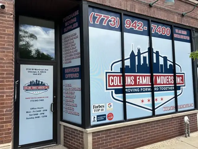 Window graphics for Collins Family Movers: storefront windows with phone, services, hours, and logo. Installed by Sheridan Print in the Chicago area.