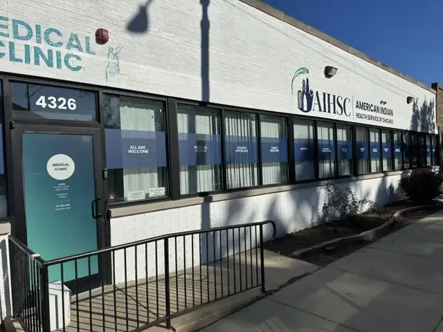 Window graphics for AIHSC: clinic window bands and building lettering. Installed by Sheridan Print in the Chicago area.
