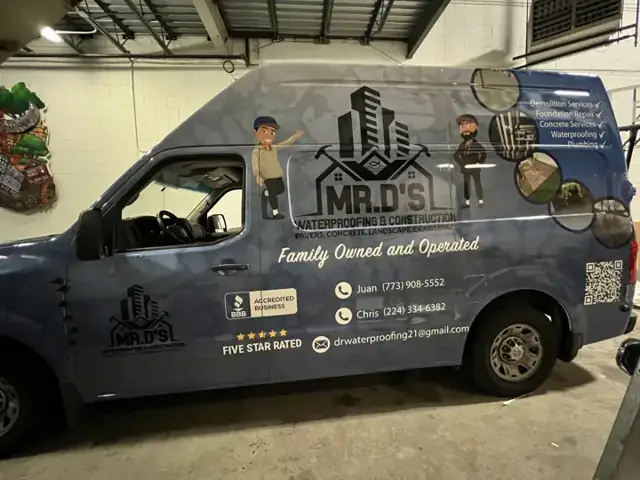 Van wrap for Mr. D's Waterproofing: high-roof nissan nv wrapped to match the fleet. Installed by Sheridan Print in the Chicago area.