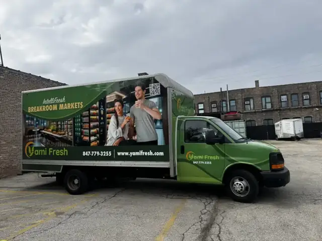 Box truck wrap for Yami Fresh: breakroom market box truck with lifestyle and product photography. Installed by Sheridan Print in the Chicago area.