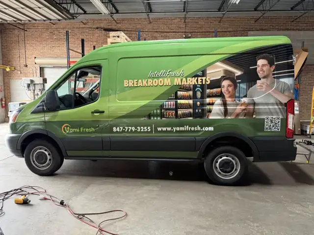 Van wrap for Yami Fresh: ford transit wrapped to match the box truck. Installed by Sheridan Print in the Chicago area.