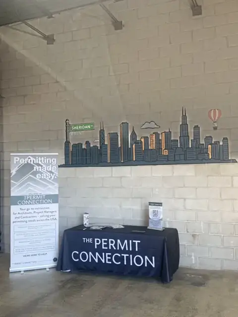 Event printing for The Permit Connection: trade show banner, table cover, and printed handouts. Installed by Sheridan Print in the Chicago area.